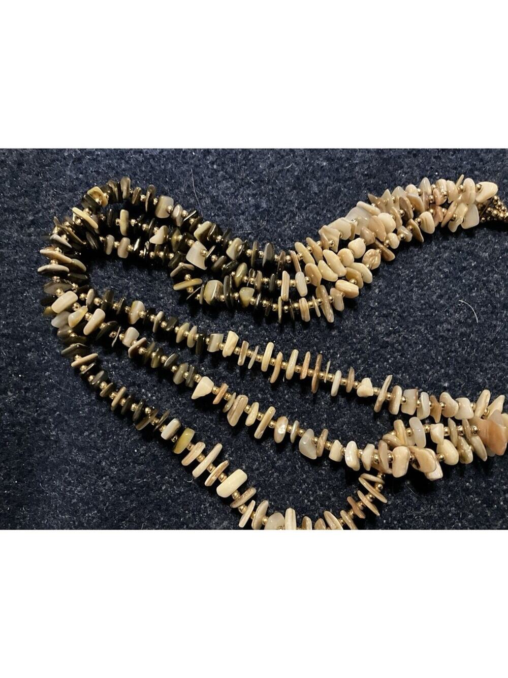 3 Strand Shell Necklace Leather Cord Gold Tone Findings 30in
